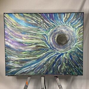Abstract Blue Green Vortex Painting Original Metallic Art Work 16”x 20”